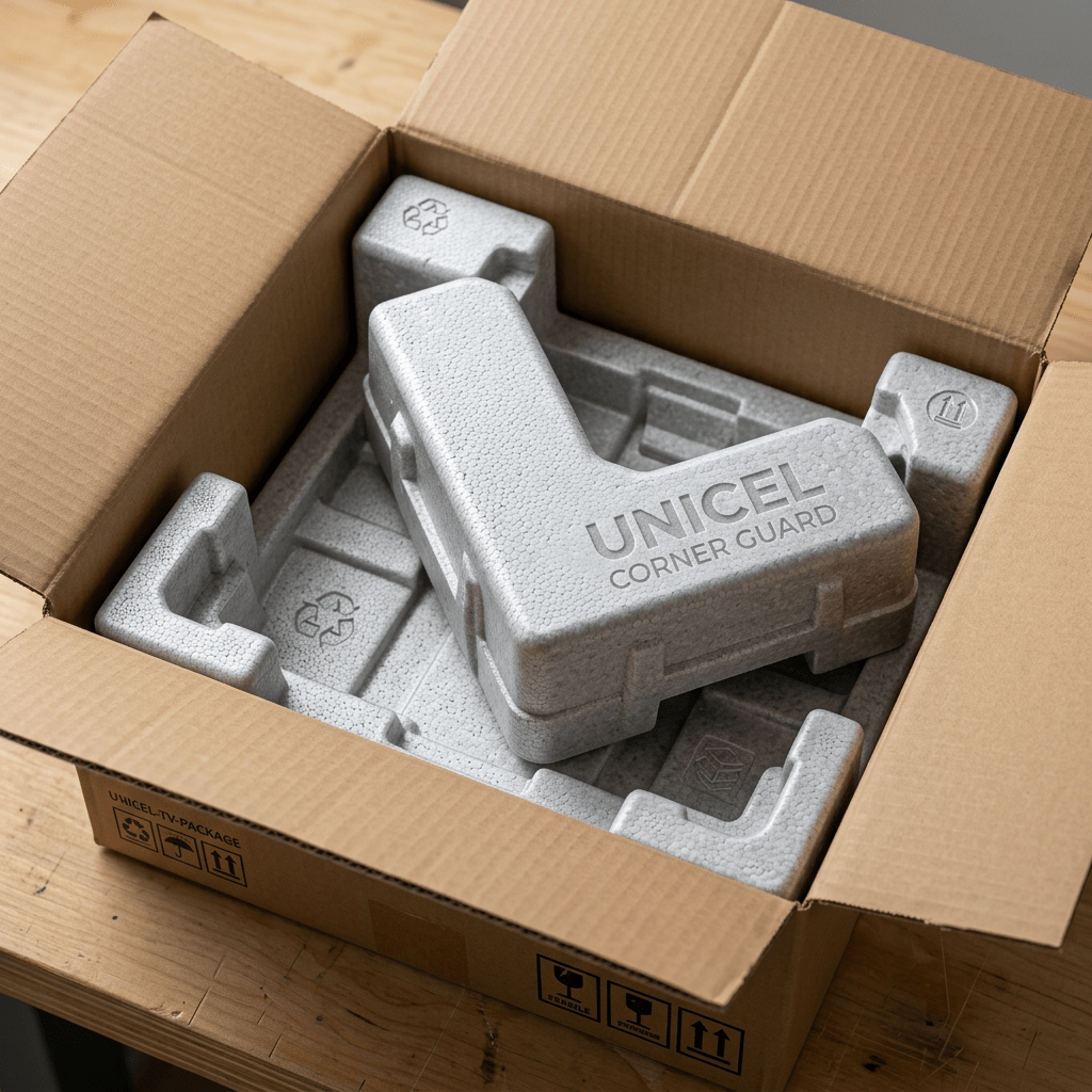 Transparent corner guard labeled UNICEL on the corner of a TV screen