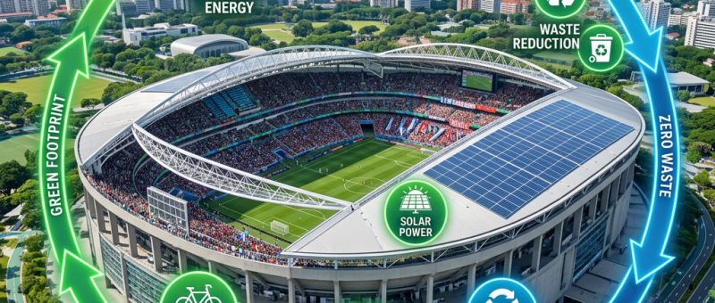 Stadium with solar panels and icons for renewable energy, water recycling, waste reduction, solar power, sustainable transport, zero waste, green footprint, circular economy, and circular waste
