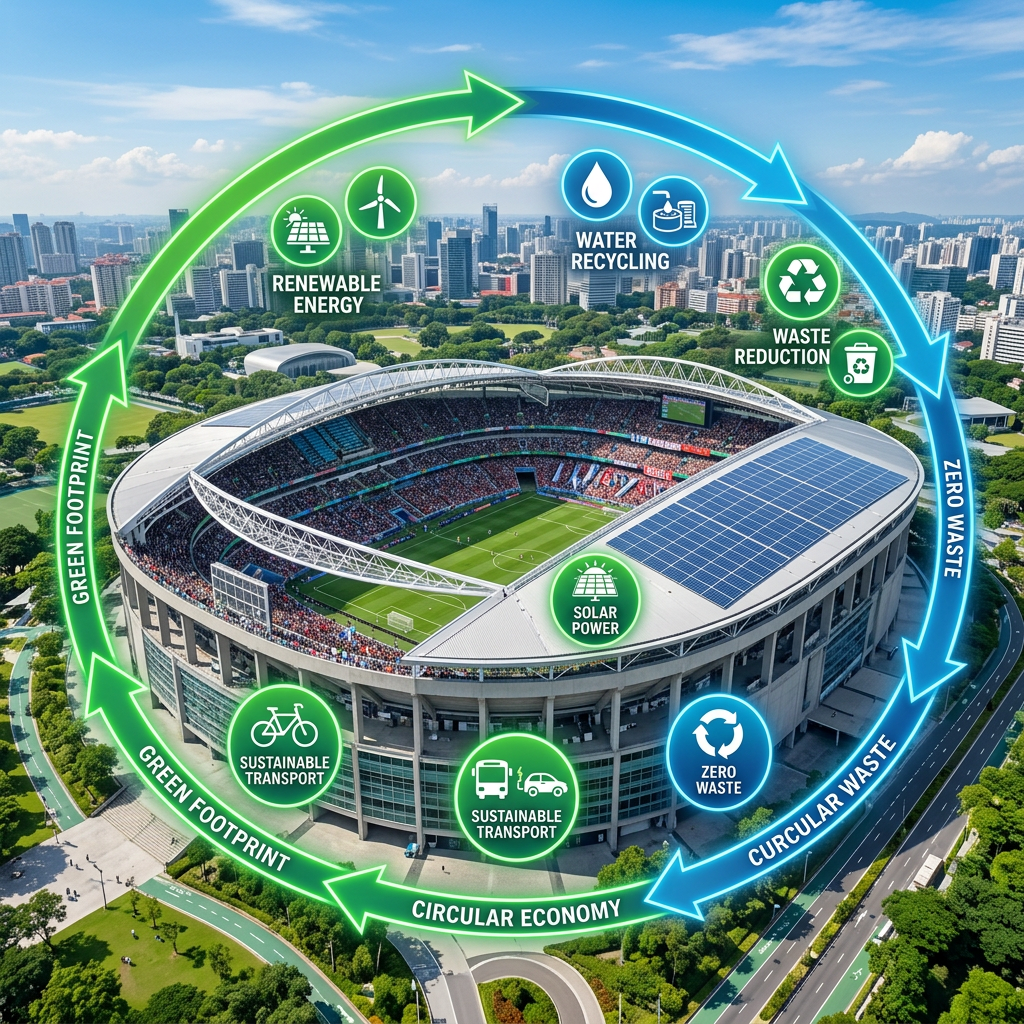 Stadium with solar panels and icons for renewable energy, water recycling, waste reduction, solar power, sustainable transport, zero waste, green footprint, circular economy, and circular waste