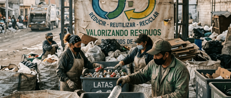 People sorting plastic bottles and cans for recycling at a waste collection site with a circular economy banner