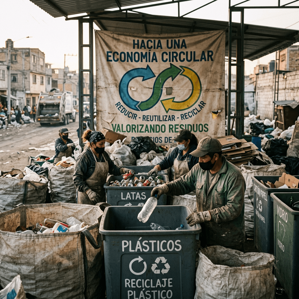 People sorting plastic bottles and cans for recycling at a waste collection site with a circular economy banner
