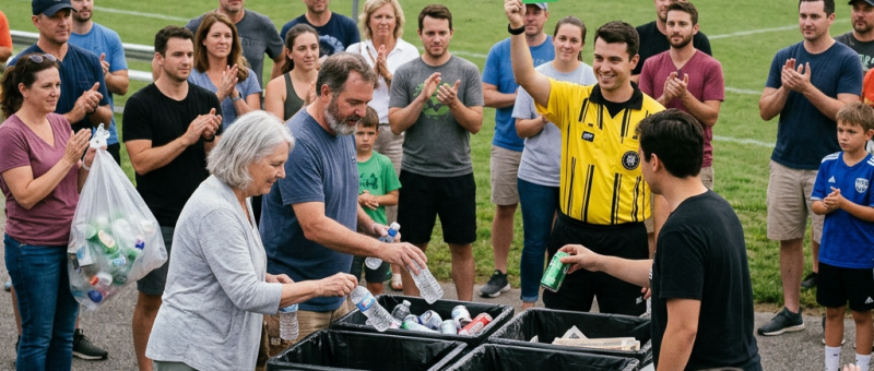 People recycling plastic bottles and cans into designated bins at a game day recycling event