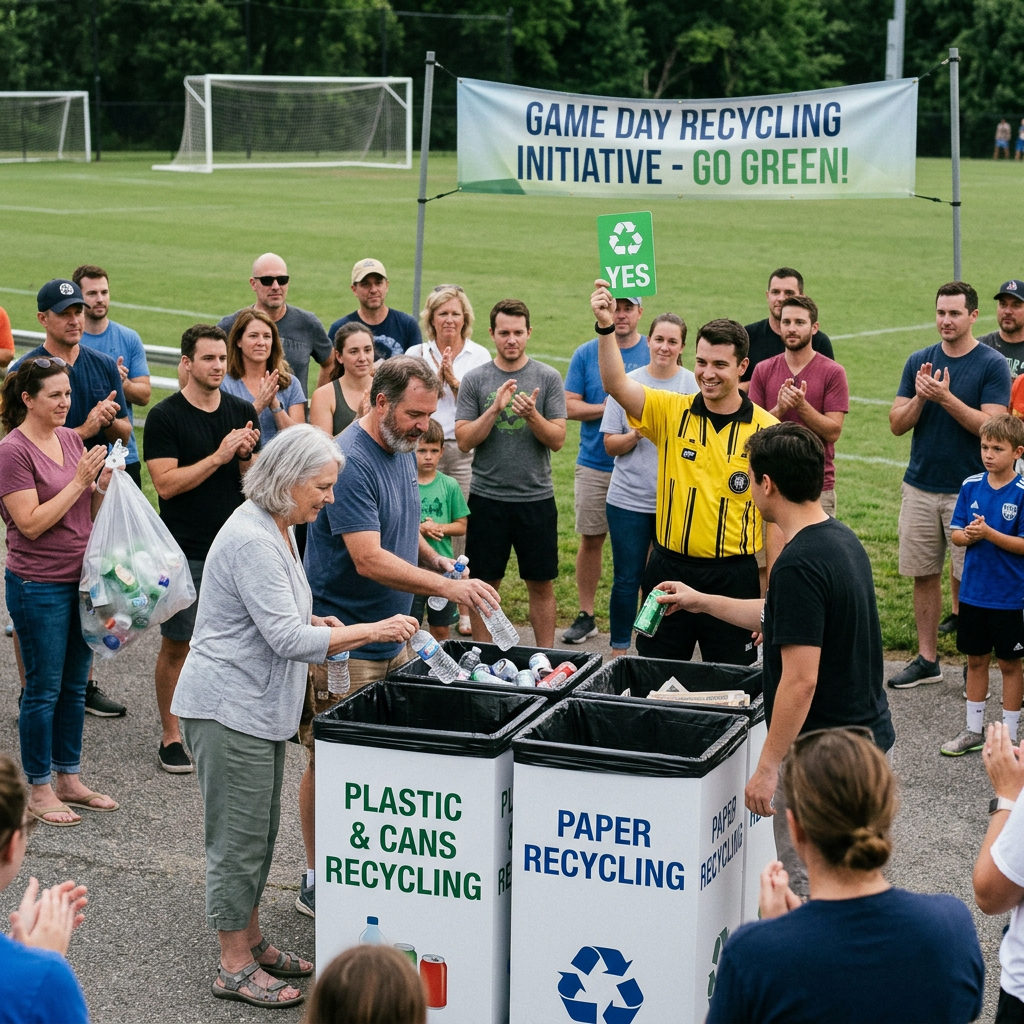 People recycling plastic bottles and cans into designated bins at a game day recycling event