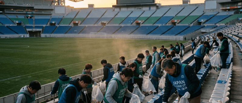 Volunteers in a stadium using tongs to pick up litter from seats and placing it in plastic bags