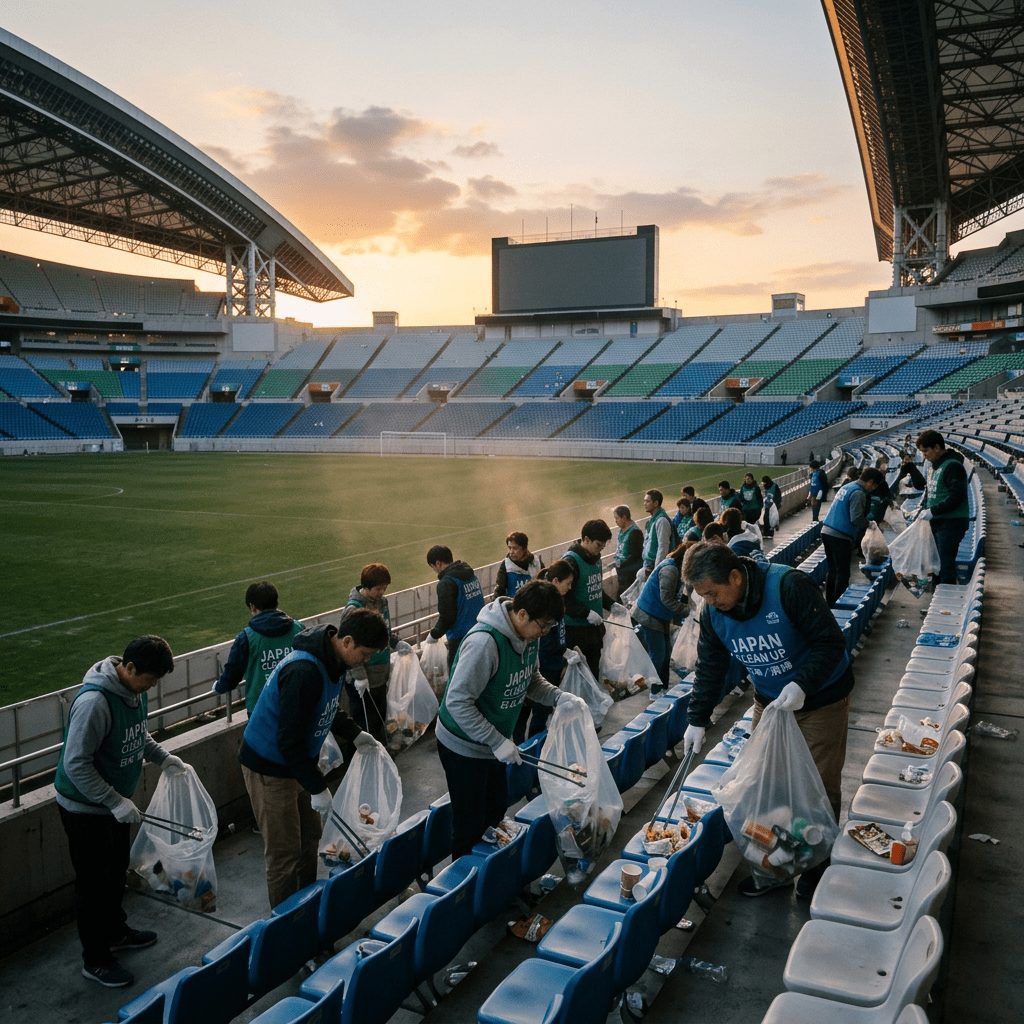 Volunteers in a stadium using tongs to pick up litter from seats and placing it in plastic bags