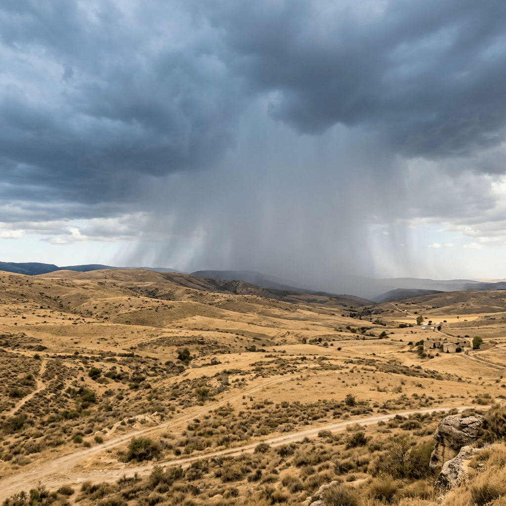 Dark storm clouds releasing rain over dry, rolling hills