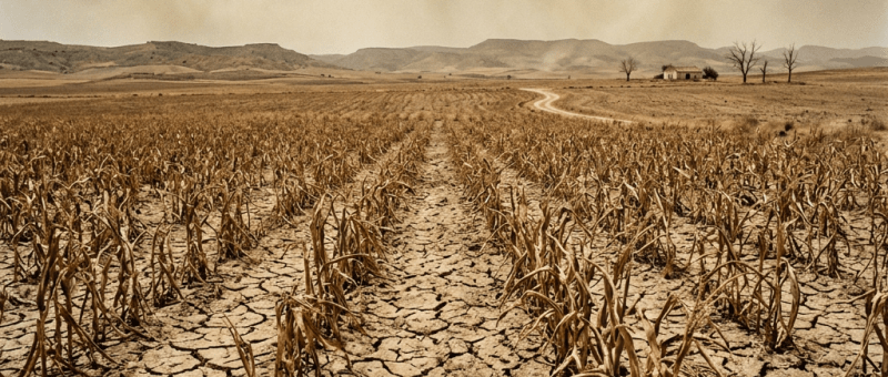 Dry cracked soil with dead crops in an arid field