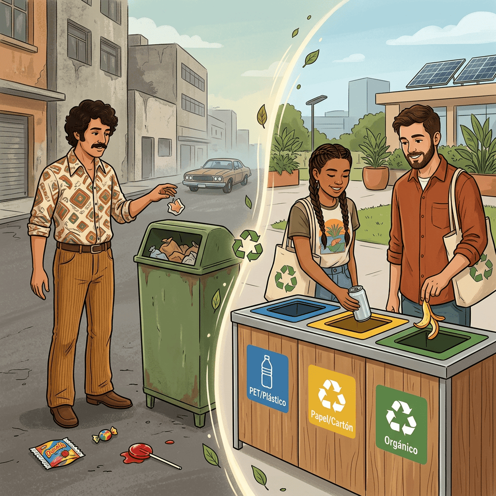 Illustration contrasting street littering with people sorting waste into recycling bins